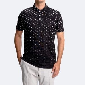 Birdie Boss Men's Black Short-Sleeve Polo Tiny White Bird Print Large